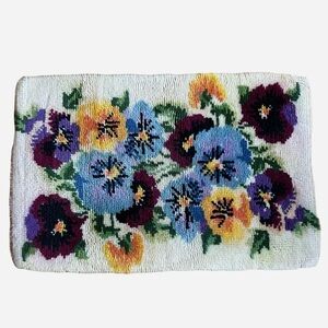 Vintage Wool Floral Latch Hook Rug or Wall Hanging
